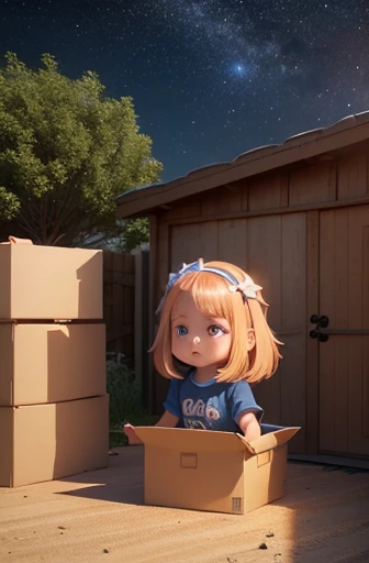 a beautiful child girl, cabelos longos castanhos, anime 3d, pele clara, curious looking at the starry sky with several cardboard boxes around in the yard, art 3d animation, arte desenhada