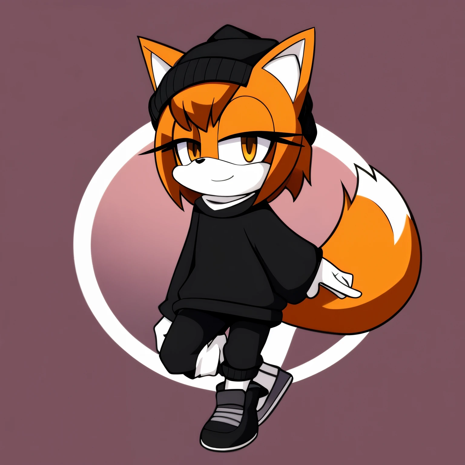 Female, Mobian, Fox, Vanilla colored fur, medium hair, long sleeve crew neck shrug, black top, leggings, knee high baggy white socks, black shoes, black beanie, ((2D Anime Style))