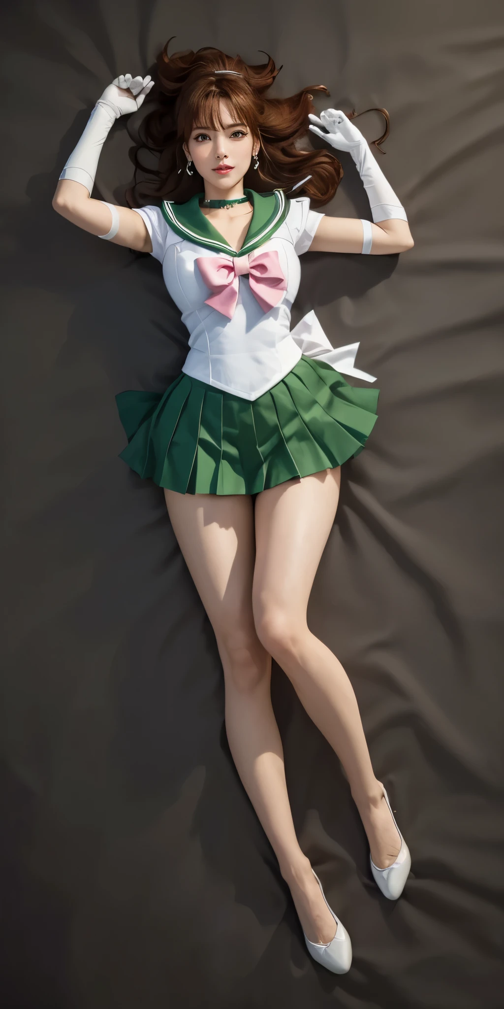 masterpiece, top quality, all details, hyper realistic, 8k, ultra hires, 1 girl, solo, japanese cute girl, Jupiter 1, Sailor Senshi Uniform, Sailor Jupiter, Makoto Kino, Reddish-brown hair, Magical Girl, Green Eyes,BREAK, White Panties, Green Skirt,Elbow Gloves, Tiara, green Pleated Skirt, Green Sailor Color, green micro mini Skirt, Choker, Green Choker, White Gloves, Ponytail, jewelry, earrings, show panties:2.0, on the bed , from above, (full shot:1.5), (full body:1.5), (lying, lying on back:1.2), arms up, looking at viewer, perfect body, perfect face, naughty face, slender, skinny, small tits, flat chest, thick thighs