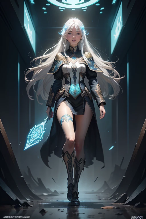 young slender girl, smiling, long white hair, blue eyes, Full body, face with bioluminescend rainbow patterns with fractal isometrics details, (((no clothed))), night sky, hyperdetailed painting, art by Wadim Kashin concept art, 4k resolution, render, octane render, intricately detailed patterns, cinematic, trending on artstation Isometric Centered hypereallistic cover photo awesome full color, gritty, realistic mucha , intricate, hit definition , cinematic,Rough sketch, bold lines, on paper.