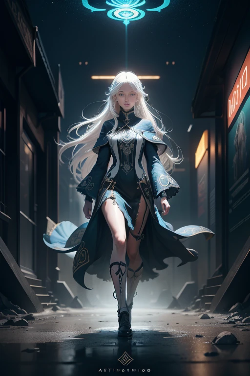 young slender girl, smiling, long white hair, blue eyes, Full body, face with bioluminescend rainbow patterns with fractal isometrics details, (((no clothed))), night sky, hyperdetailed painting, art by Wadim Kashin concept art, 4k resolution, render, octane render, intricately detailed patterns, cinematic, trending on artstation Isometric Centered hypereallistic cover photo awesome full color, gritty, realistic mucha , intricate, hit definition , cinematic,Rough sketch, bold lines, on paper.