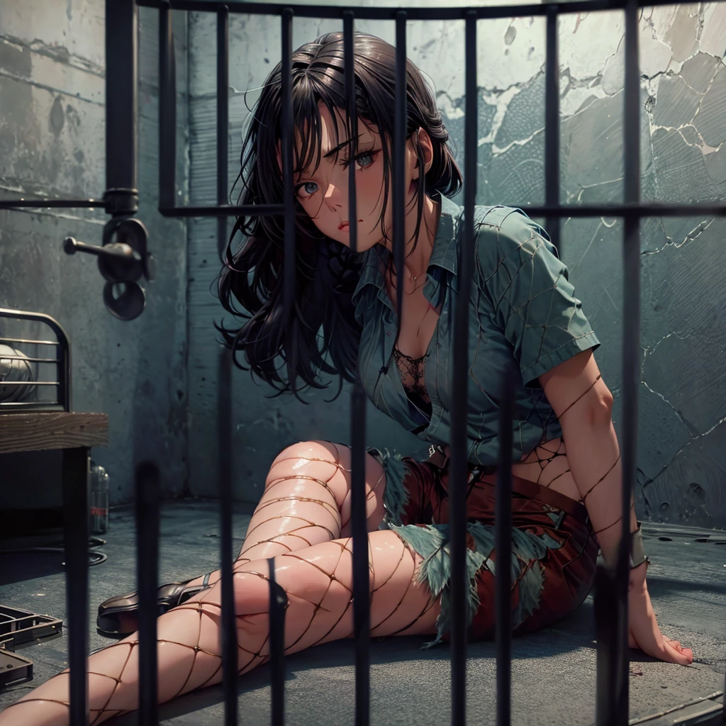 Woman sitting on the floor of a prison cell, Underwear、sitting in a prison, in a prison cell, stood in a cell, sitting in a dark prison cell, in the Prison, in prison, in a small prison cell, the woman is Behind bars, promo still, prisoner, prison cell, prison, Behind bars, with prison clothing, olivia pope, tv show still