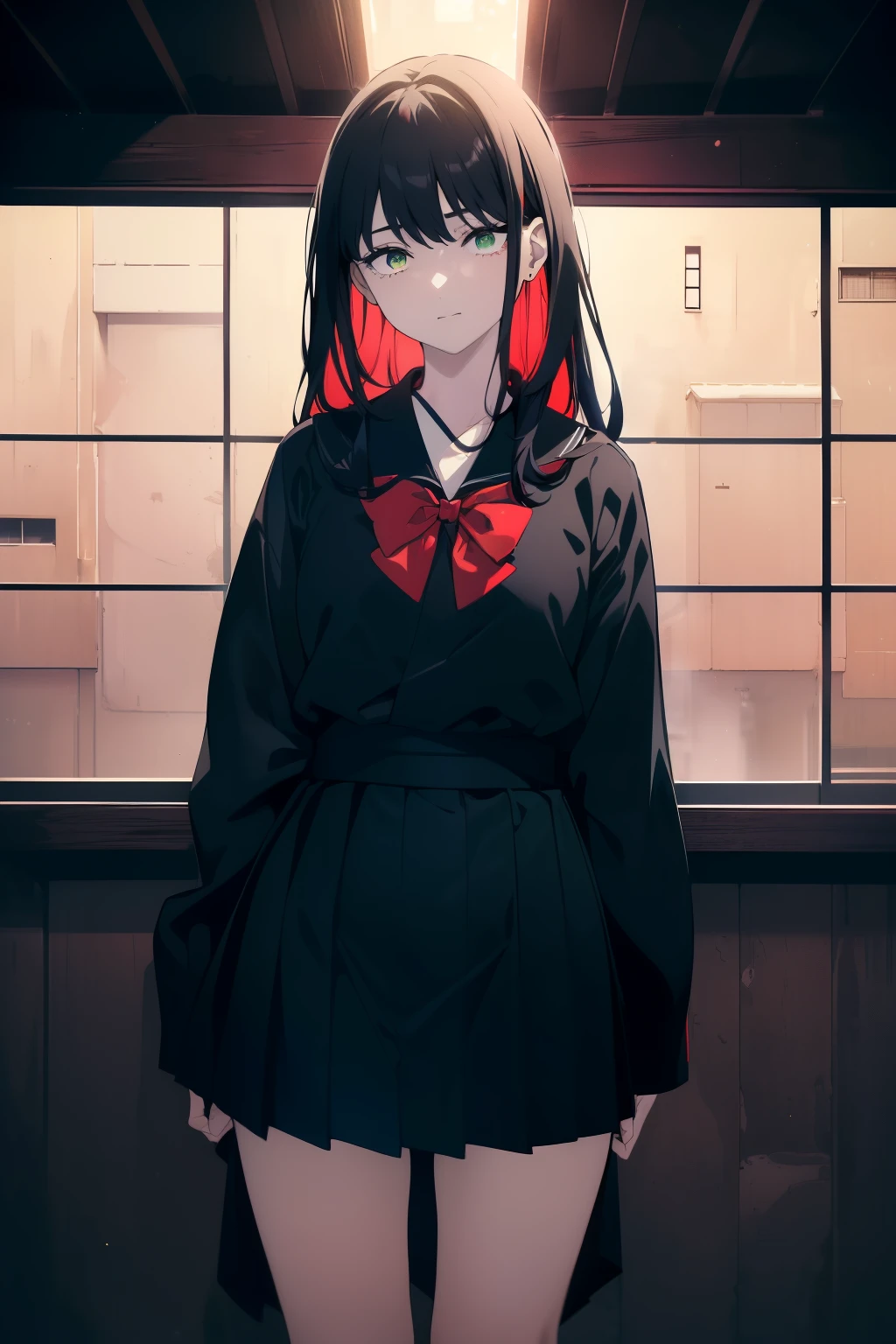 ((((Obra maestra, La mejor calidad, ultrahigh resolution)))), 1girl, standing, ((navy blue Japanese school uniform)), (((black hair, red bow in hair:1))), long hair cut, pale skin, ((green eyes)), glowing_eyes, neon eyes, (ultra detailed eyes:0.7, beautiful and detailed face, detailed eyes:0.9), ((centered)), smile, ((wide shot)), facing viewer, ((indoor house background)), medium breasts, looking at viewer, ((half closed eyes)), ((perfect hands)), (((head:1, arms, hips in view, elbows, upper thigh area, in view))), ((hands behind back)), empty eyes, beautiful lighting, outside, outdoors, background, defined subject, 25 years old, (head tilt), (((cool))),