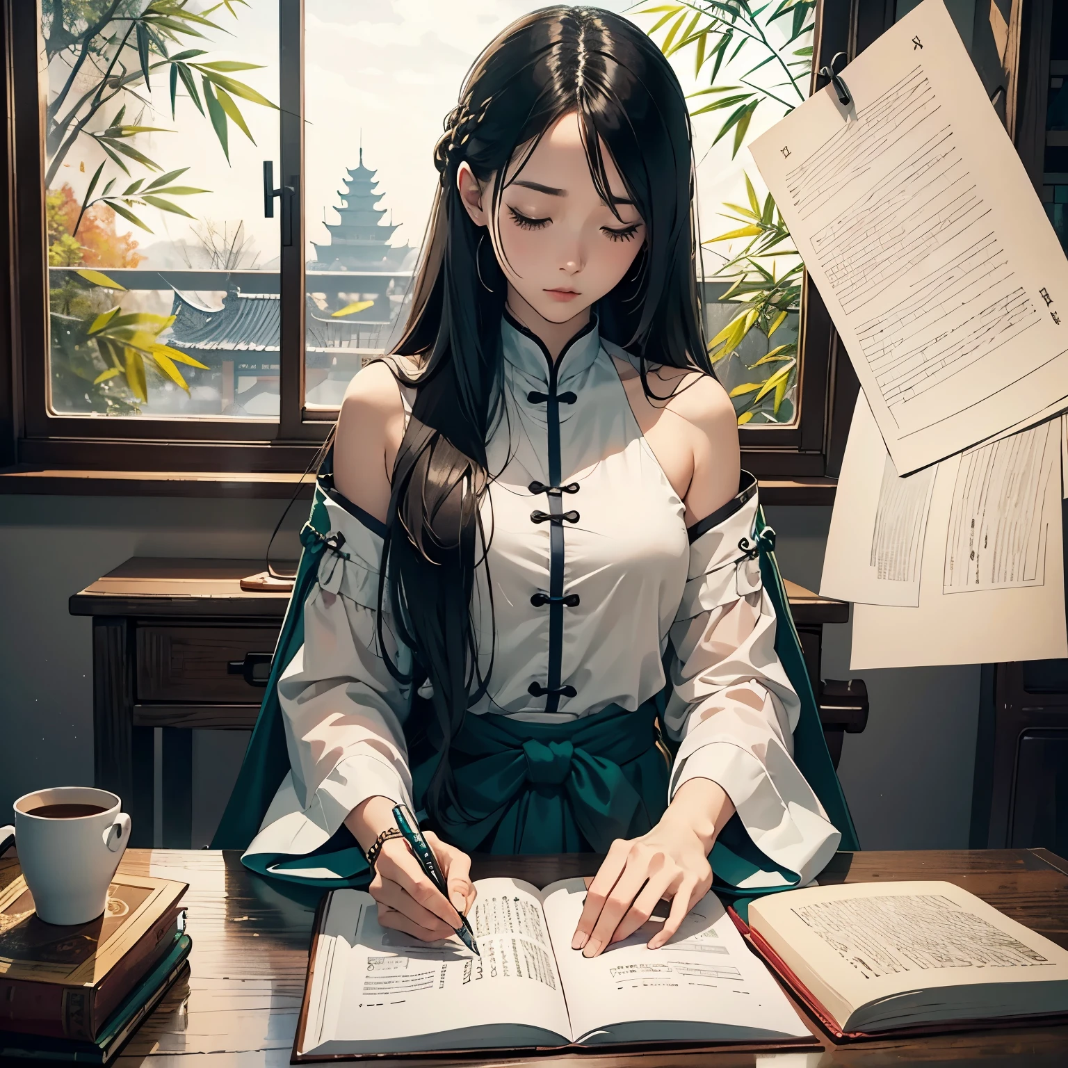 Full-body art,close-up all over the body,Strong,8K,A high resolution,tmasterpiece,highest quality,Horizontal chart,The beautiful,gramorumele,maam,Literati inker,ellegance的,autumn wind,Long dark green hair,Long hair and waist,white and black robe,longer sleeves,Skinny,ink pen,quill,pic,描绘pic,Bamboo Jane in his hand,With his eyes closed,Close her eyes,stately,Study table,Study table案台,Agree,censorship,background of China,stately,famiglia,everyone tiles,ellegance,Bamboo Grove Cottage