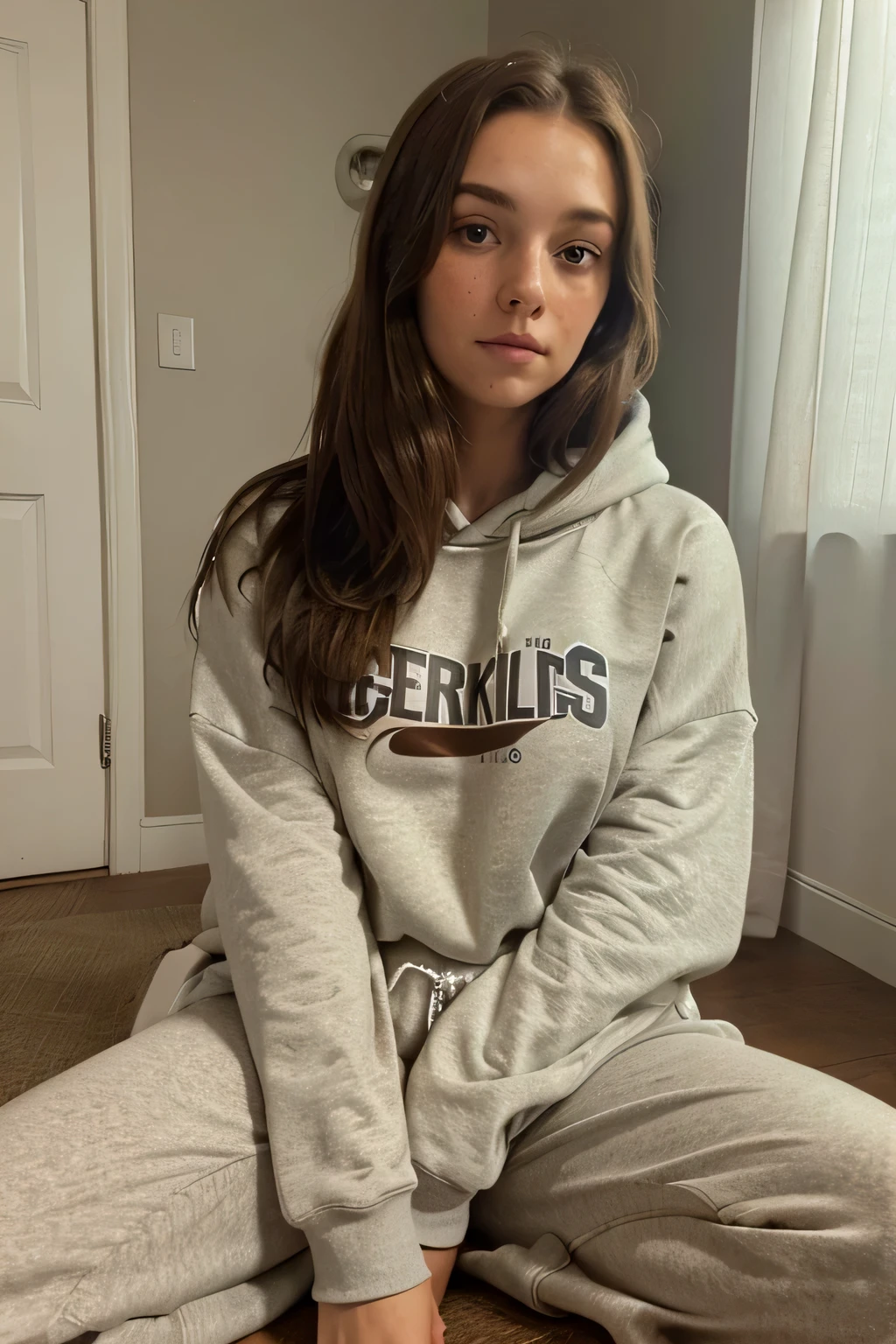 girl sitting, full body, very beautiful, brown hair, wearing sweatpants and a oversized hoodie, realistic face, detailed eyes, freckles, looking to the side