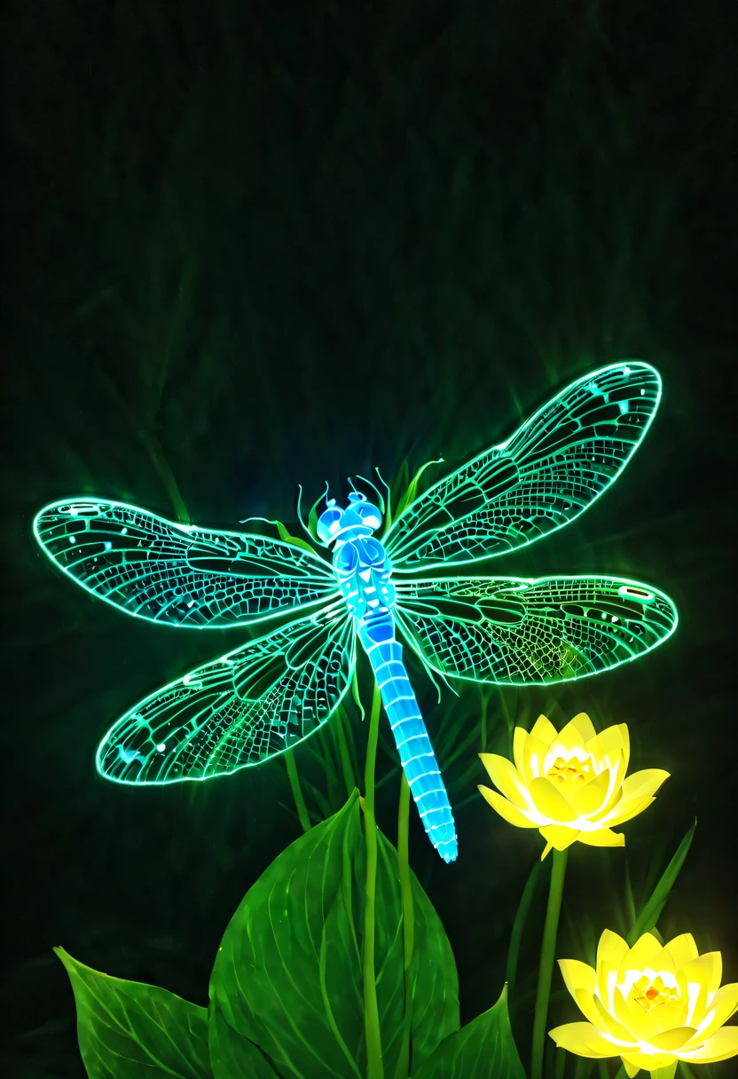 (glowing dragonfly:1.5)，natta，lotus flower
