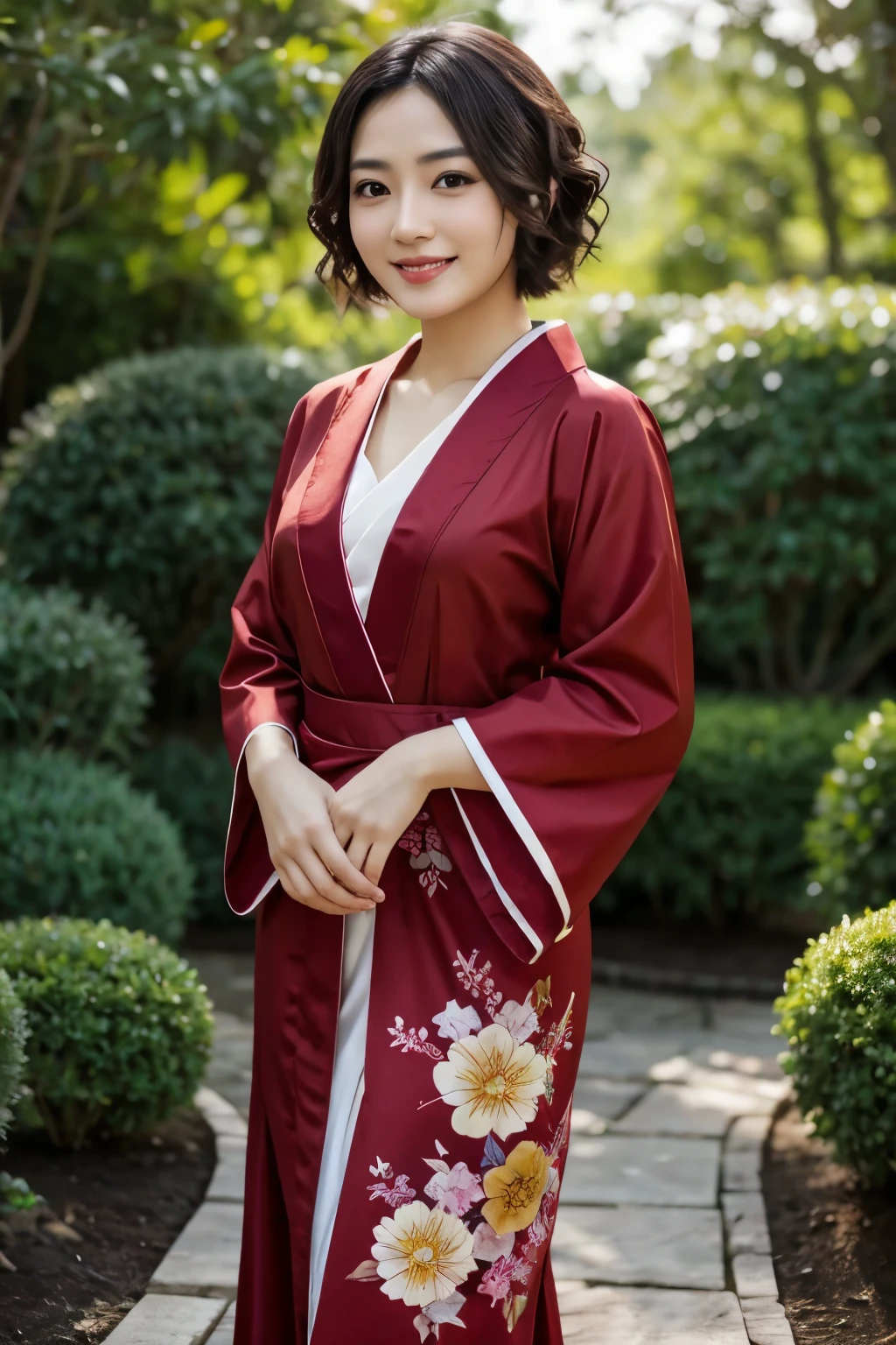 30 years old Japanese woman, Light color skin, Big smile, Short curly hair, Wearing red Kimono with yellow ornaments, Dress modestly, Model body, Standing pose, Facing at the viewer, At the garden, Day scene, High Resolution, High details, Textured skin, Anatomically correct, Photorealistic.