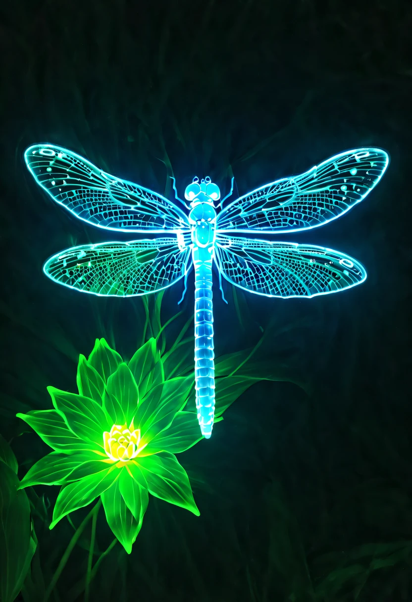 (glowing dragonfly:1.5)，natta，lotus flower