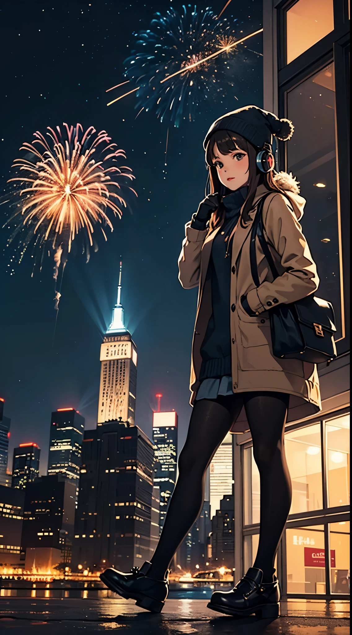 lofi relaxed one brunette girl with headphones walks in roof of a building in NYC. (helicopter) in roof of building. winter night. beautiful landscape of NYC with statue of liberty, (fireworks) in night sky. travel. tourist. sweater, gloves, winter hat. long hair. new year eve