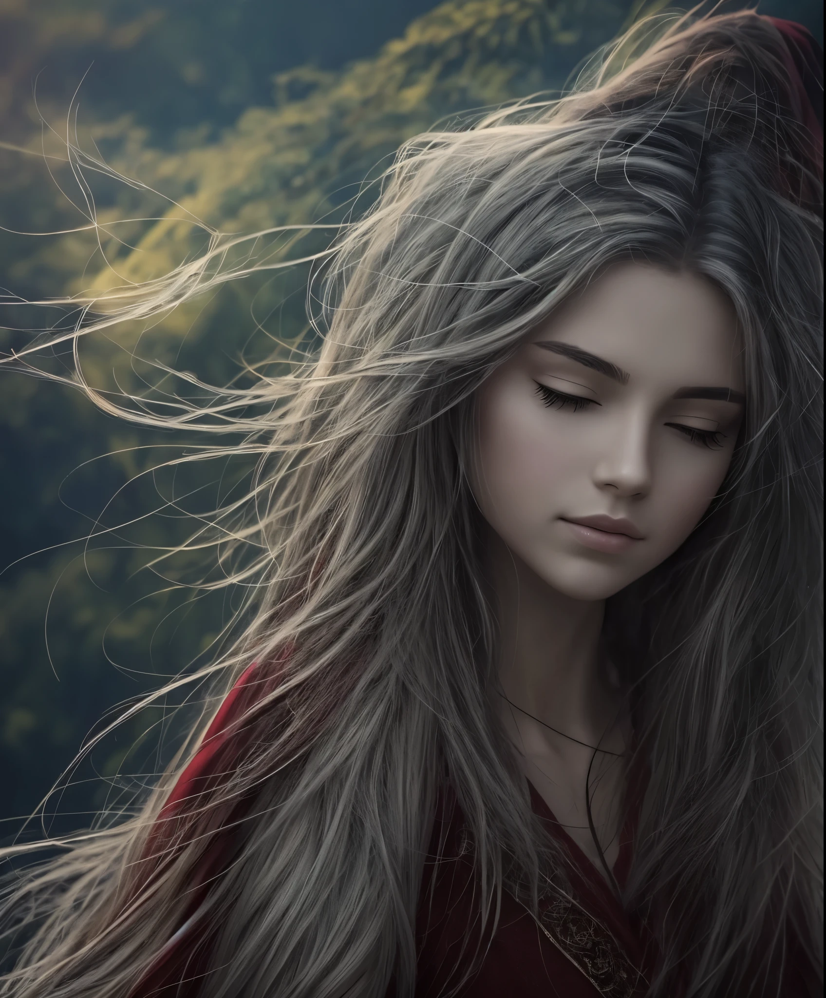 A close up of a woman with long hair and a red cape - SeaArt AI