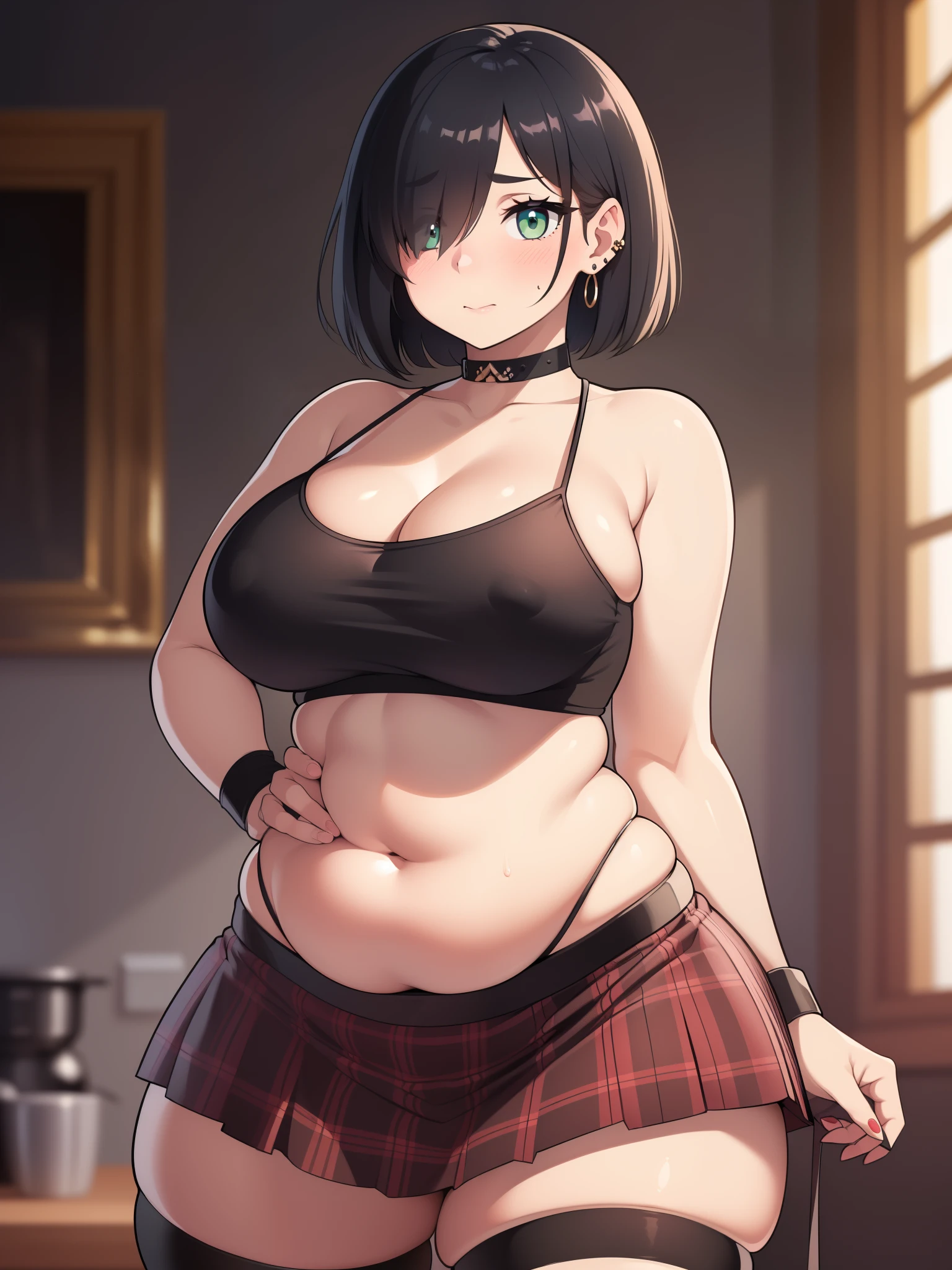 ((Masterpiece)), perfect anatomy, perfect shading, field of depth, (best quality), extremely delicate and beautiful, perfect lighting, detailed face, ultra cute face, cute, (cowboy shot 1.2), looking at viewer, full body, (((1girl))), (((solo))), 
Short hair, black hair, (hair over one eye), pale skin, green eyes, eye liner, ear piercings, ((blush)), shy, nervous, (black crop top 1.5), (plaid short sectioned skirt 1.5), choker, thigh highs, (tight clothes), large breasts, cleavage, ((wide hips)), (((thick thighs))), (chubby), chubby belly, fat folds, belly hang, 

 cafe, intricate background, detailed background,