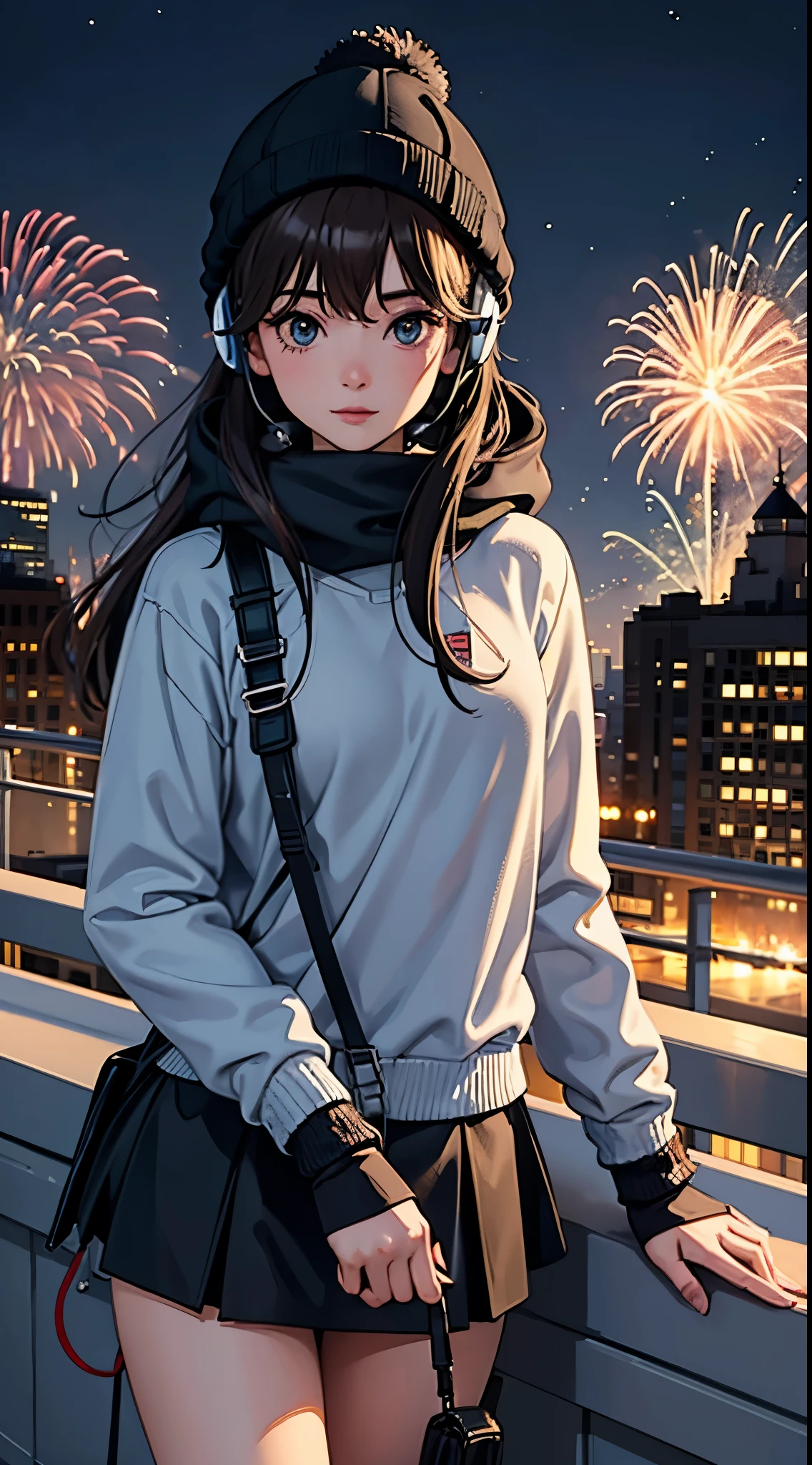 lofi relaxed one brunette girl with headphones walks in roof of a building in NYC. (helicopter) in roof of building. winter night. beautiful landscape of NYC with statue of liberty, (fireworks) in night sky. travel. tourist. sweater, gloves, winter hat. long hair. new year eve