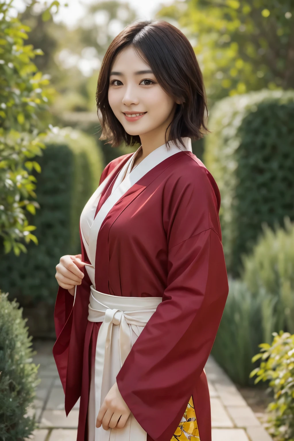 30 years old Japanese woman, Light color skin, Big smile, Short curly hair, Wearing red Kimono with yellow ornaments, Dress modestly, Model body, Standing pose, Facing at the viewer, At the garden, Day scene, High Resolution, High details, Textured skin, Anatomically correct, Photorealistic.