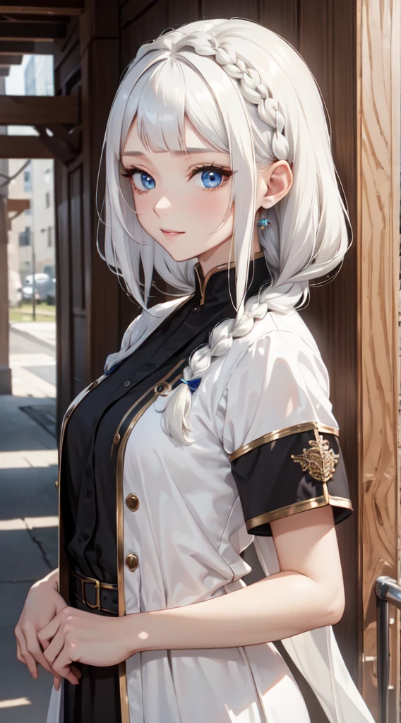 ((thawb)), braid, ((short bangs:1.4)), (white hair), (best quality:1.3), (highres1.3), (clear1.3), (8k:1.3), masterpiece, (detailed:1.1), 1girl, beautiful detailed eyes, beautiful detailed lips, extremely detailed eyes and face, long eyelashes,, blue eyes, shy smile, perfect proportion, face close up,