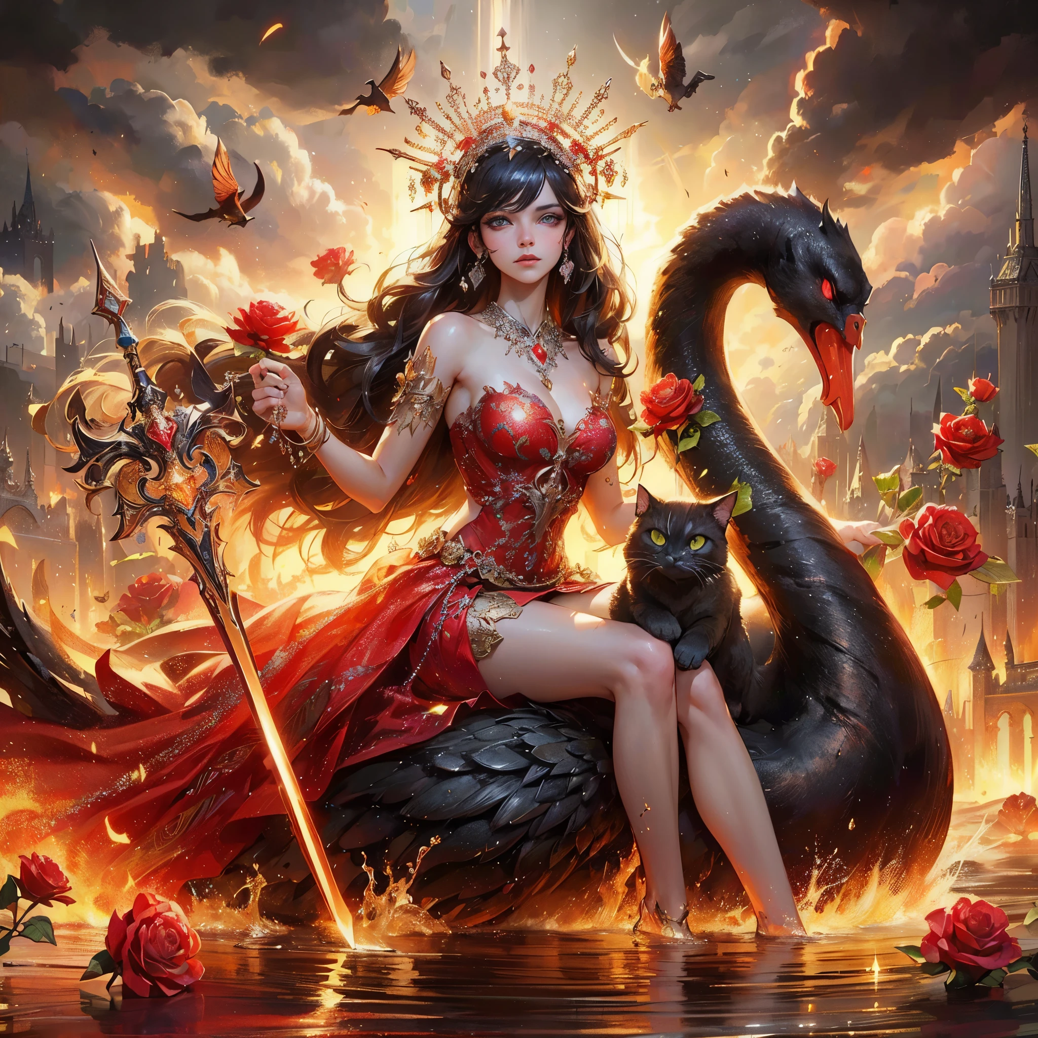 a woman in a red dress sitting on a swan with a sword, a cat nearby, beautiful fantasy art, very beautiful fantasy art, goddess of anger, beautiful elegant demon queen, a beautiful fantasy empress, breathtaking fantasy art, digital art fantasy art, gothic fantasy art, dark skin female goddess of love, goddess of love, fantasy dark art, goddess of love and peace, goddess of fire, (unreal engine, masterpiece, best quality:1.2),,(8k,highres,RAW photo,realistic,photo-realistic:1.3),(detailed skin texture,detailed cloth texture,beautiful detailed face:1.25),professional lighting,photon mapping,beautiful soft light,radiosity,physically-based rendering,raytracing, model shoot style, model shoot style, (extremely detailed CG unity 8k wallpaper), full shot body photo of the most beautiful artwork in the world,