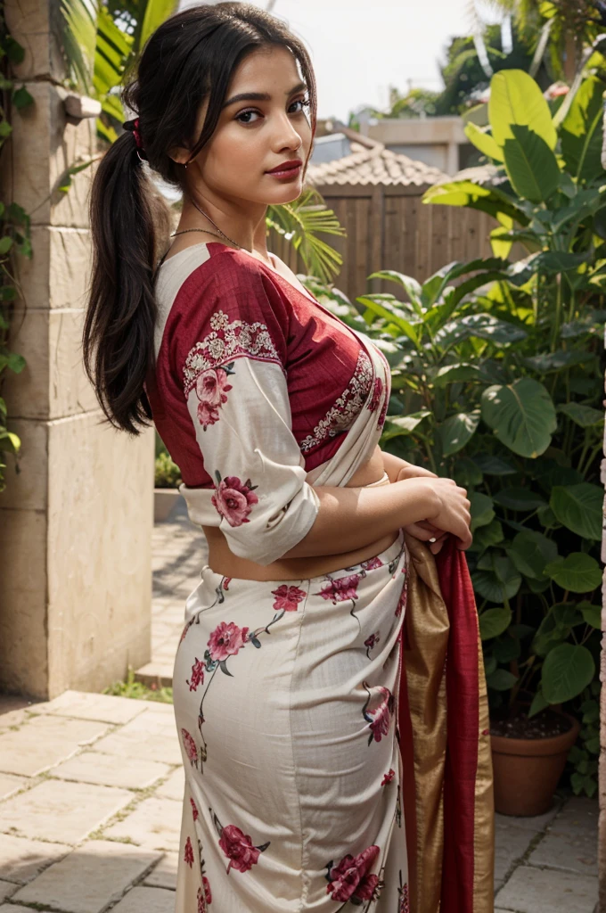 18 yearold girl(best quality,4k,8k,highres,masterpiece:1.2),ultra-detailed,(realistic,photorealistic,photo-realistic:1.37),portrait,girl,wearing saree maxi,small chain on neck,black hair,hair band in ponytail,vivid colors,soft lighting,lush garden background,subtle bokeh,warm color tones,rich girl,red lipstick,earing,wearing same dress,wearing saree,traditional ,hiding belly fat,beutifull print,not asspose skin,long full sleeve long dress,hide the skin with dress shy,blouse touches the hiding belly fat skirt,net fabric shawl,wearing a small bangle on hand,round neck design dress,wearing bangles