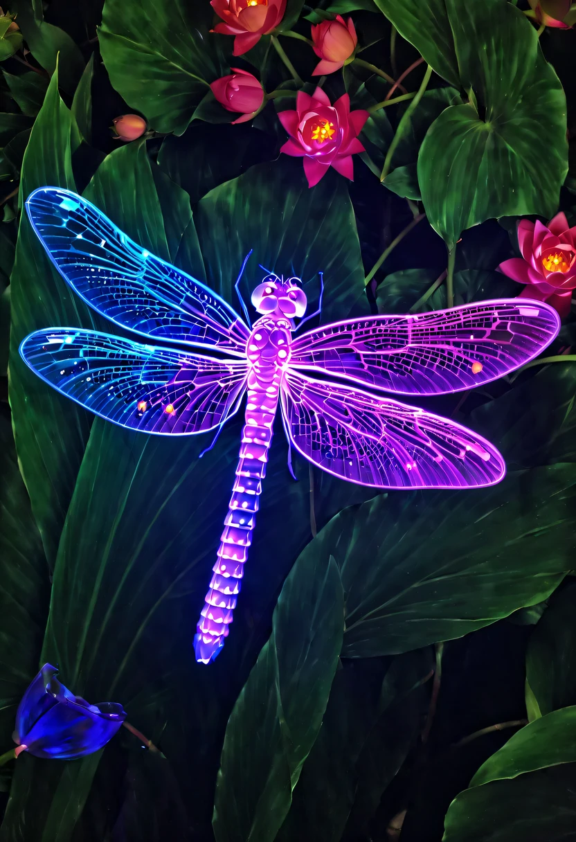 (glowing dragonfly:1.5)，natta，lotus flower