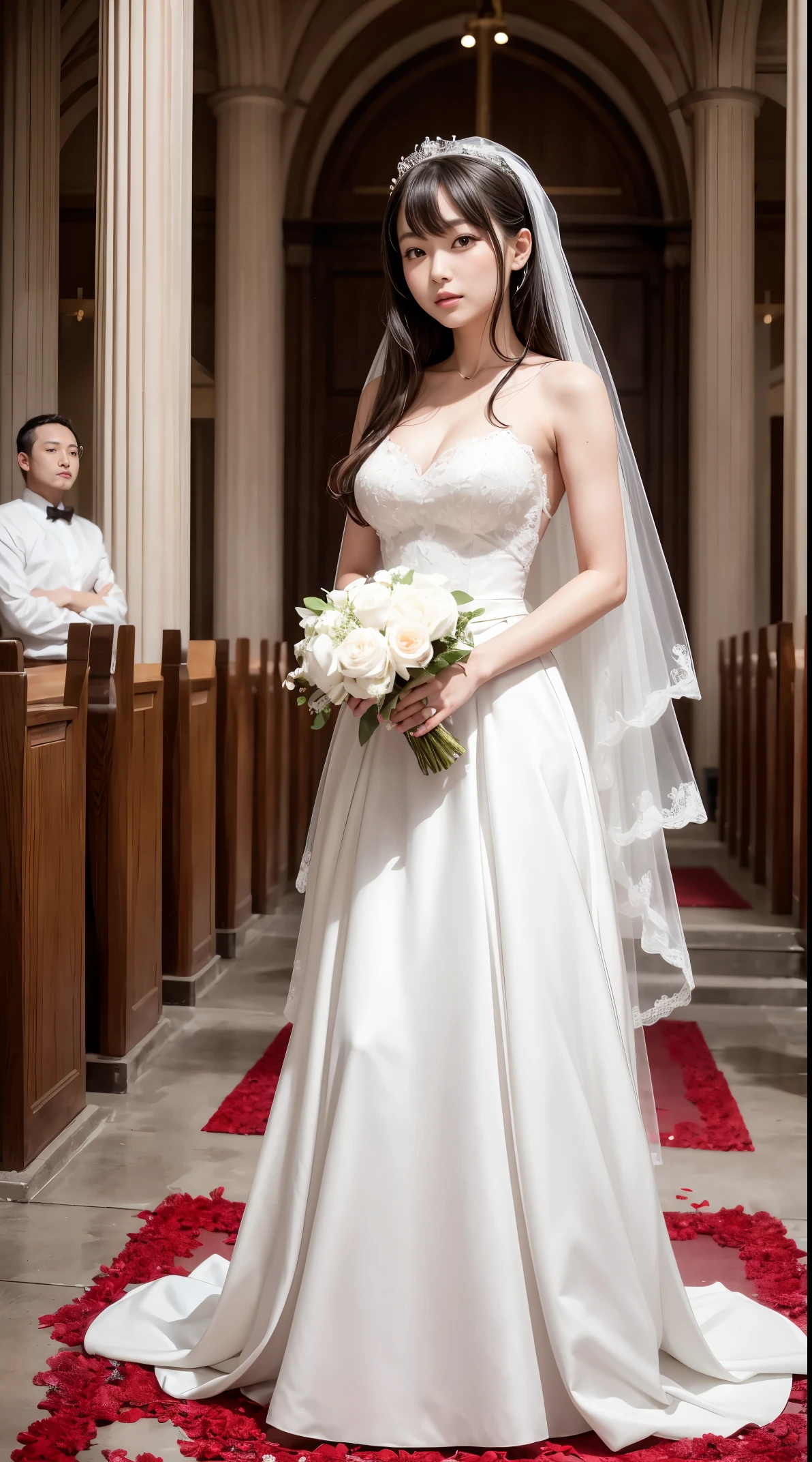 Sugihara anri, ((solo)), alone, bride, wearing a white sexy wedding dress, queen, happy, ((forehead to show)), standing, entering the church, dark hair, long hair, delicate, young, long hair, detailed face, high definition, ((full body)), (flowers around her), full body, she is a beautiful woman getting married, face with high quality, beautiful, radiant