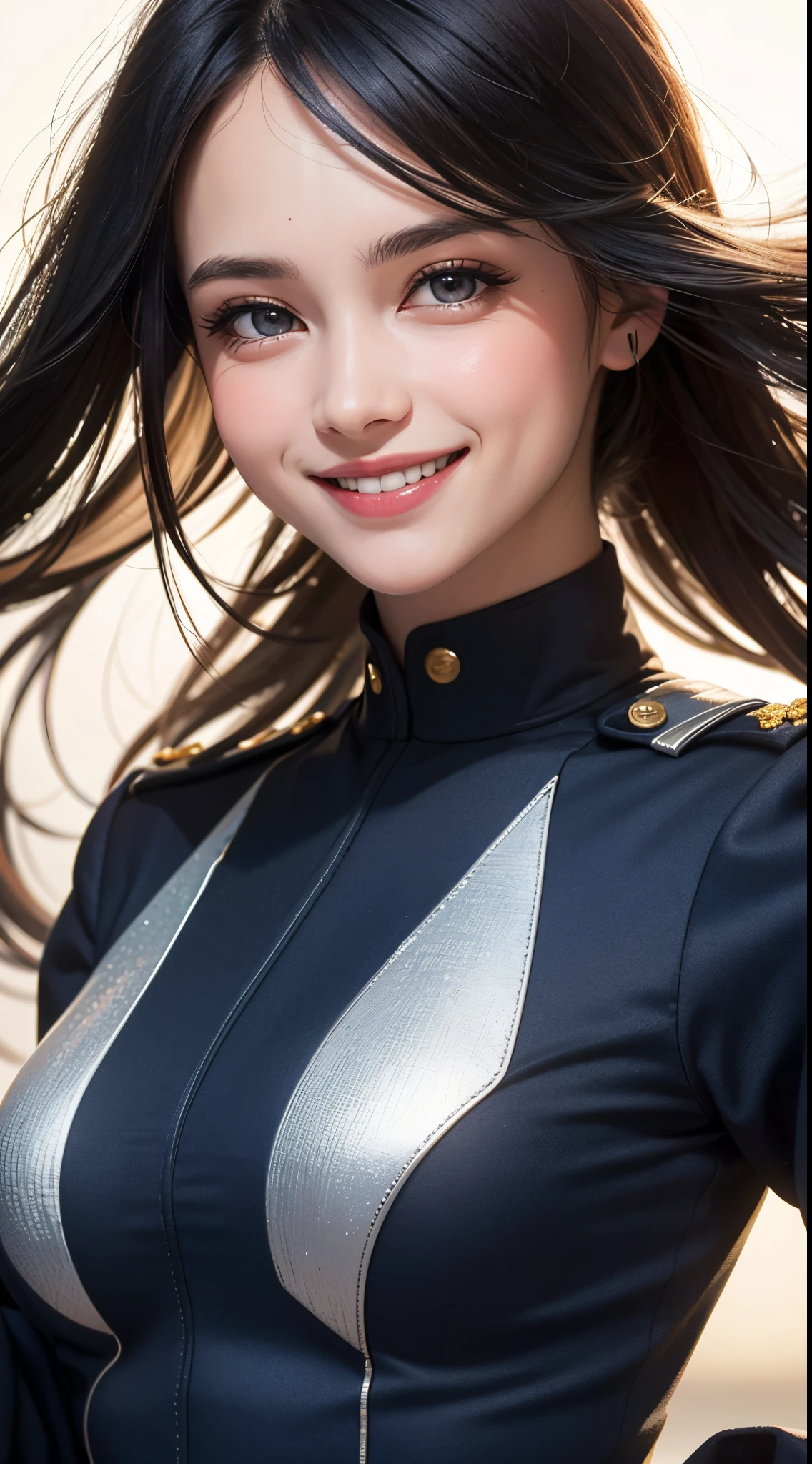 (UHD, retina, masterpiece, ccurate, anatomically correct, textured skin, super detail, high details, high quality, best quality, highres, 1080P, HD, 4K, 8k, 16k), (beautiful detailed eyes, beautiful detailed lips, extremely detailed eyes and face), studio lighting, physically-based rendering, vivid colors, (large breasts, glamorous body), (navy uniform:1.2), (portrait, shiny hair, shiny skin, blush), (bokeh), eye reflection, jet black hair, (smile and laugh:1.5),