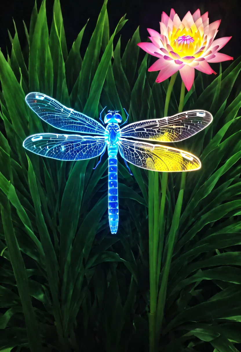 (glowing dragonfly:1.5)，natta，lotus flower