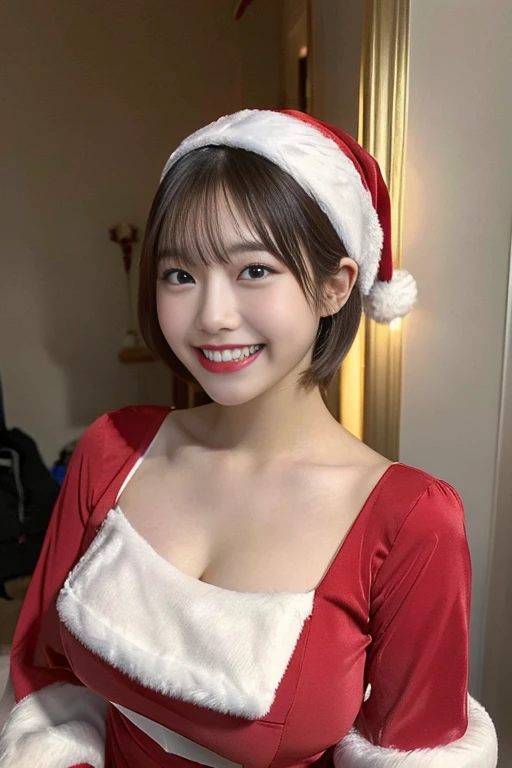 (((santa claus:1.3,White teeth,a smile,a room,large boob))),((japanes,femele,cute little)),(clean,short-hair),(top-quality,masterpiece:1.3,超A high resolution),(ultra-detailliert,Caustics),(Photorealsitic:1.4,RAW shooting,)Ultra-realistic capture,A highly detailed,High resolution 16K resolution