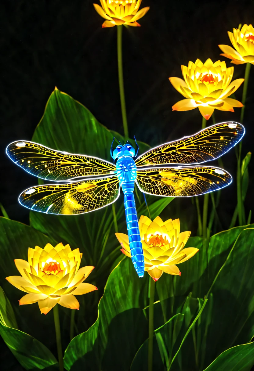 (glowing dragonfly:1.5)，natta，lotus flower