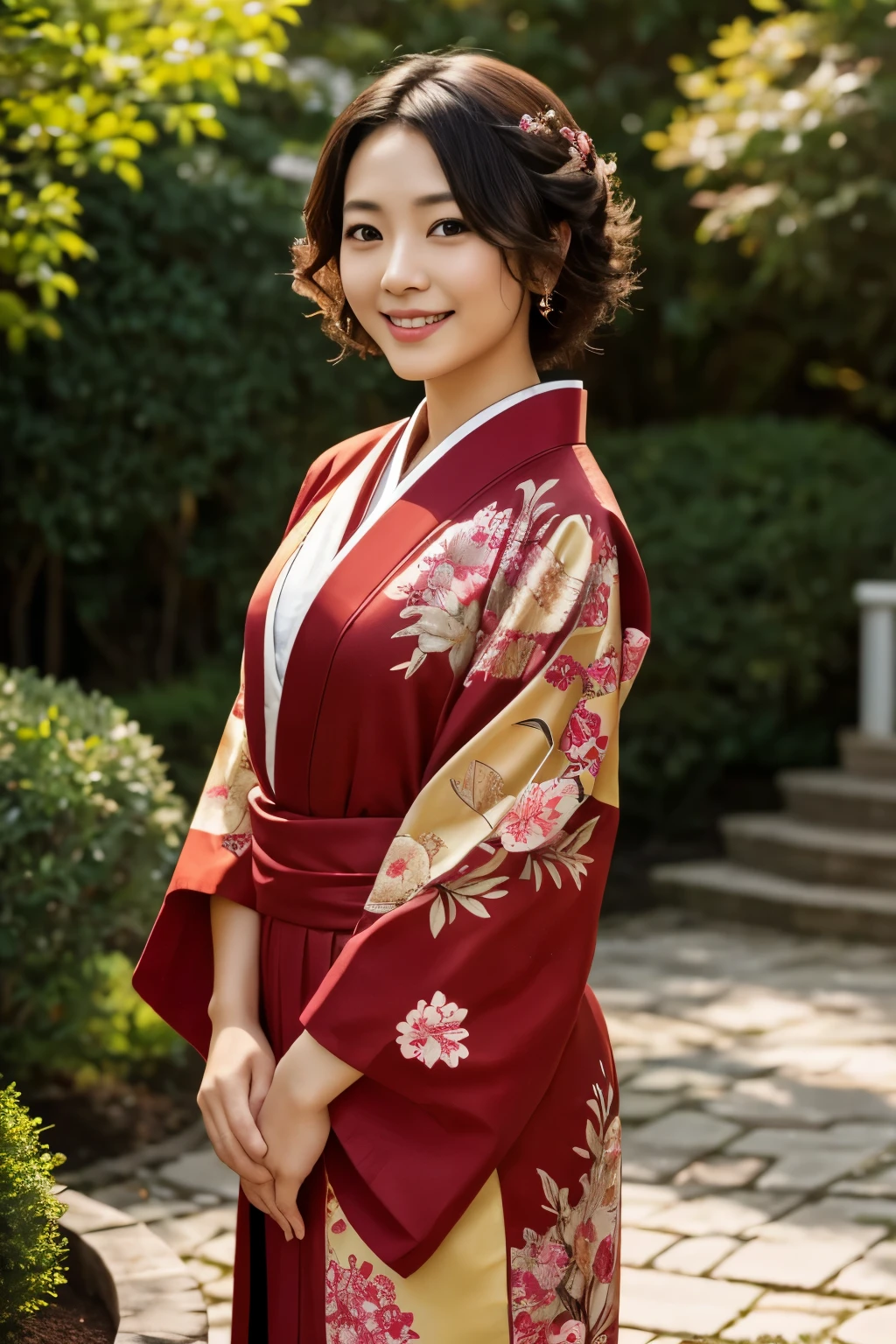 30 years old Japanese woman, Light color skin, Big smile, Short curly hair, Wearing red Kimono with yellow ornaments, Dress modestly, Model body, Standing pose, Facing at the viewer, At the garden, Day scene, High Resolution, High details, Textured skin, Anatomically correct, Photorealistic.