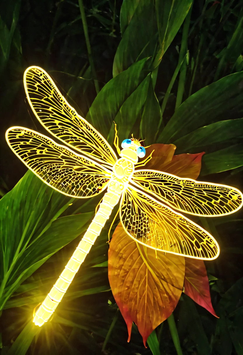 (glowing dragonfly:1.5)，nighttime scene，lotus tip