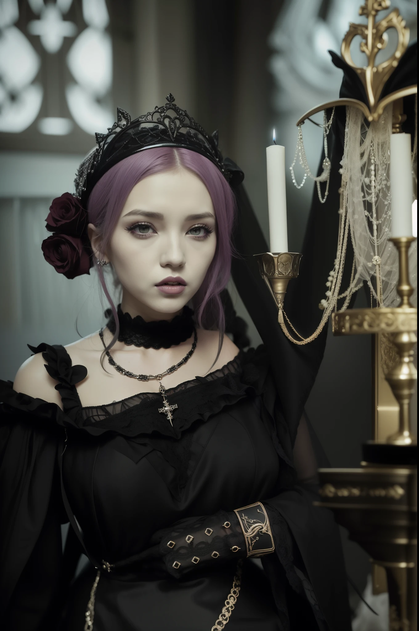 there is a woman in a black dress holding a candle, gothic regal, gothic princess portrait, an elegant gothic princess, portrait of jossi of blackpink, wearing gothic accessories, cruel korean goth girl, beautiful vampire female queen, inspired by Sim Sa-jeong, gothic antique theme, classical witch, gothic aesthetic, a beautiful fantasy empress, dark goth queen, gothic maiden