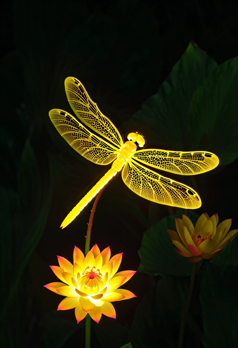 (glowing dragonfly:1.5)，nighttime scene，lotus tip