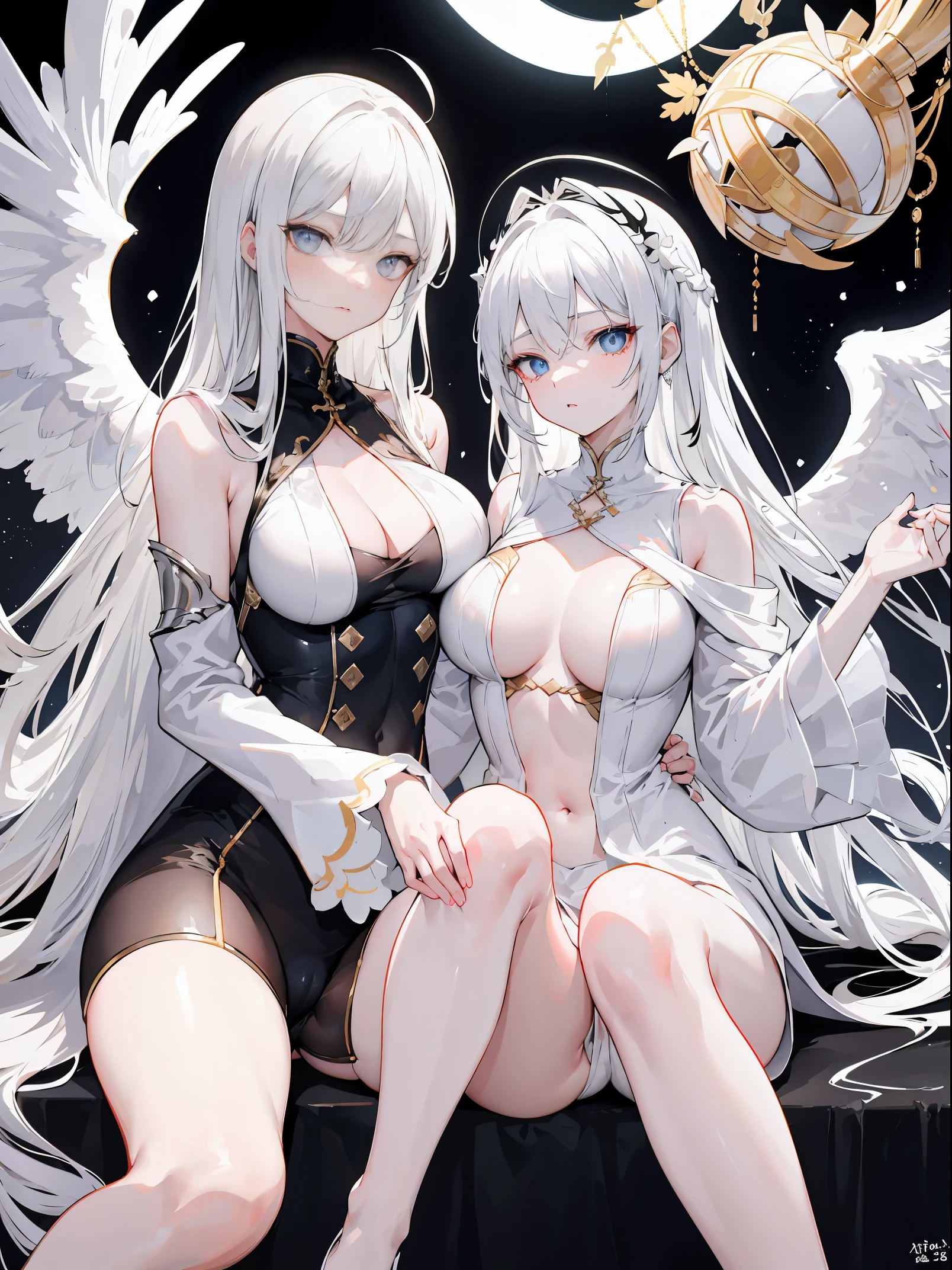 light skin color, white hair color long hair, Bigchest, 1:70, sexy for,Nero,White wings, angelicales, Overhead halo, yellow-eyed, sexy for姿势, angelicales们, 26 year old, angelicales印记, enchanted,hyper HD, White hair, eBlue eyes, Mother and daughter.Squat down and open your legs
