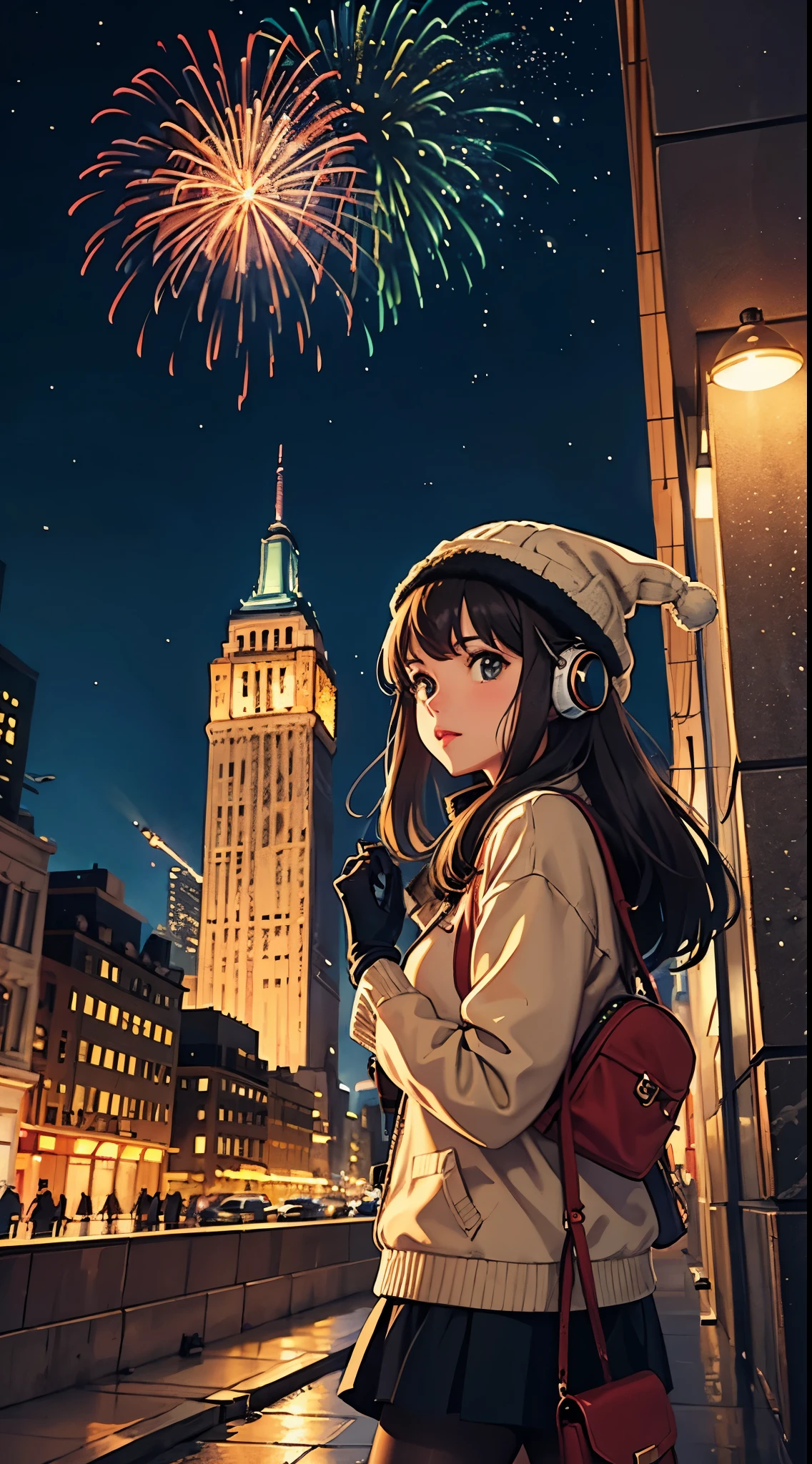 lofi relaxed one brunette girl with headphones walks in roof of a building in NYC. (helicopter) in roof of building. winter night. beautiful landscape of NYC with statue of liberty, (fireworks) in night sky. travel. tourist. sweater, gloves, winter hat. long hair. new year eve