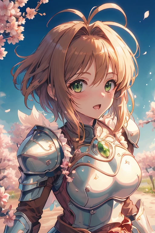 master piece, Best Quality, A high resolution, top-quality, Anime style, The best lighting, Beautiful face, kinomoto sakura, 1woman, tall, 30 years old, large breasts, light brown hair, Short hair, Antenna Hair, Green eyes, frills,  knight in shining armor, dynamic angle, action pose,