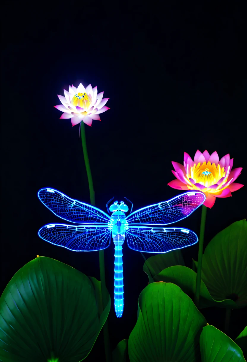 (glowing dragonfly:1.5)，natta，lotus flower