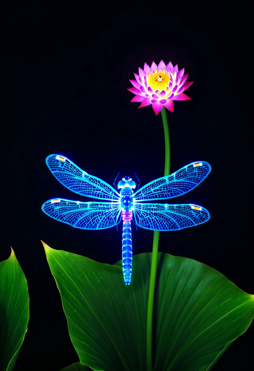 (glowing dragonfly:1.5)，natta，lotus flower