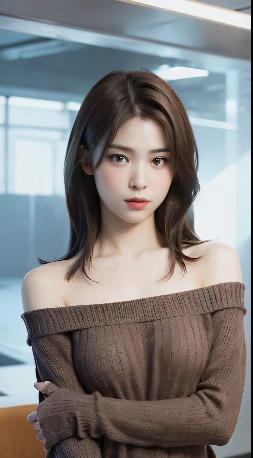 ((nighttime scene、Realistic light、Top image quality、8k、​masterpiece:1.3))、1girl in、Slim figure beauty:1.4、(Brown hair、middlebreast:1.3)、Off-shoulder cut top:1.3、sofas、Super detailed face、detailedeyes、二重まぶた、(((Upper body naked)))