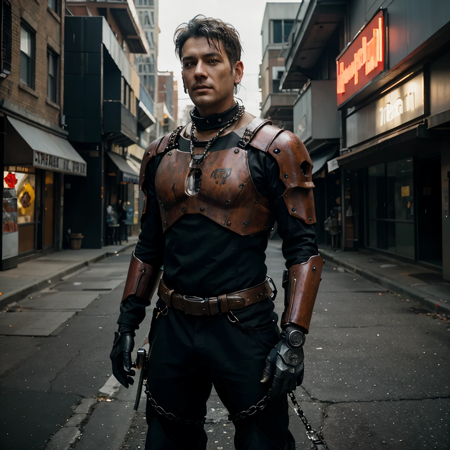 Dark_Fantasy,Cyberpunk,(chain saw,chain saw man,Red:1.1),1man,Mechanical marvel,Robotic presence,Cybernetic guardian, wearing a worn-out mech suit, intricaeel metal [rusty]), elegant, clear focus, shot by greg rutkowski, soft lighting, vibrant colors, masterpiece, ((street)), cowboy shot, dynamic pose,head and face still human short hair