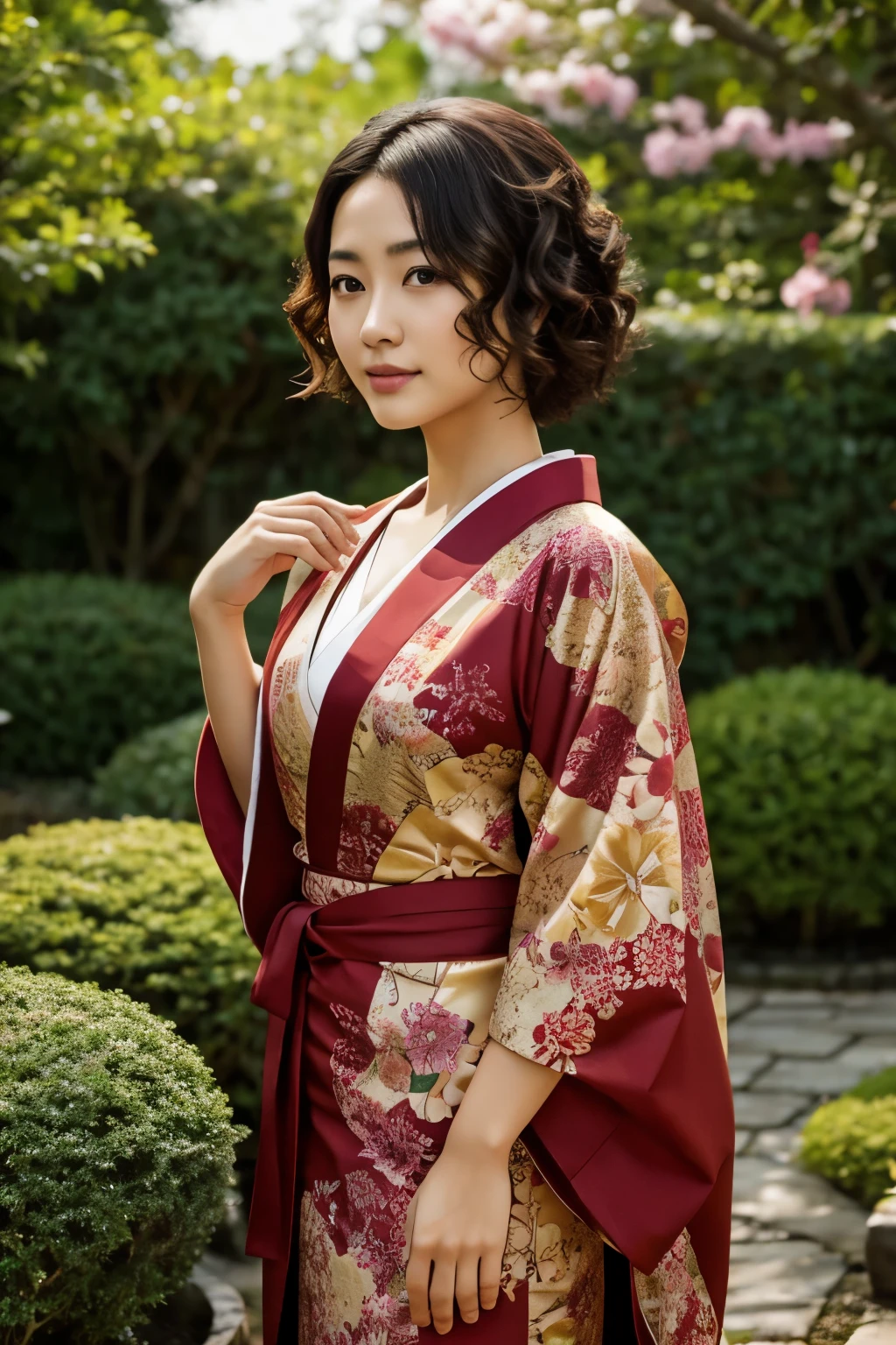 30 years old Japanese woman, Light color skin, Expressionless, Short curly hair, Wearing red Kimono with yellow ornaments, Dress modestly, Model body, Standing pose, Facing at the viewer, At the garden, Day scene, High Resolution, High details, Textured skin, Anatomically correct, Photorealistic.