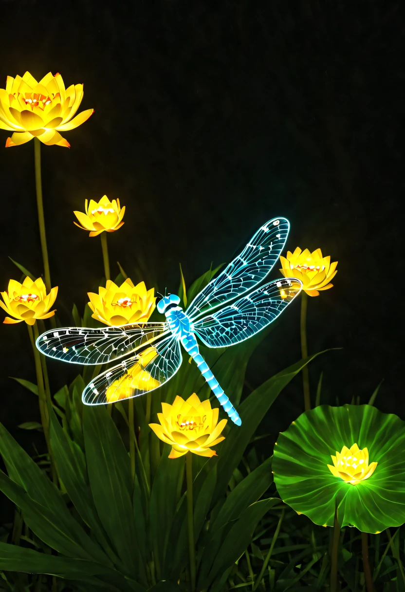 (glowing dragonfly:1.5)，nighttime scene，lotus tip