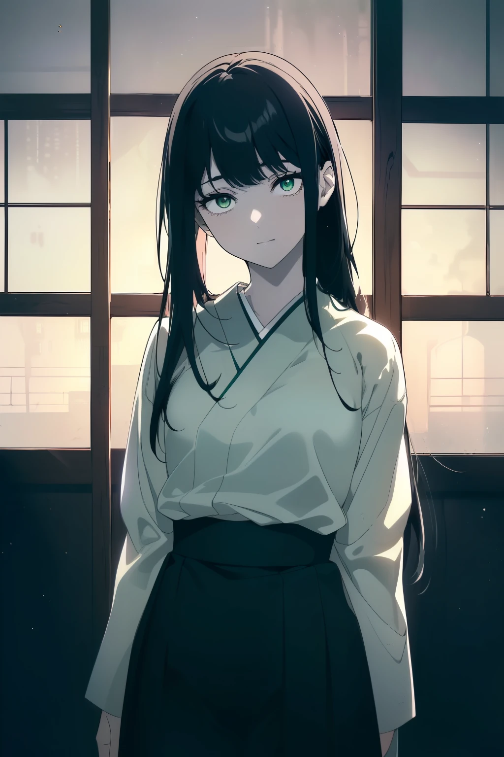 ((((Obra maestra, La mejor calidad, ultrahigh resolution)))), 1girl, standing, ((navy blue Japanese school uniform)), (((long black hair, Japanese bangs)), long hair cut, pale skin, ((green eyes)), glowing_eyes, neon eyes, (ultra detailed eyes:0.7, beautiful and detailed face, detailed eyes:0.9), ((centered)), smile, ((wide shot)), facing viewer, ((indoor house background)), medium breasts, looking at viewer, ((half closed eyes)), ((perfect hands)), (((head:1, arms, hips in view, elbows, upper thigh area, in view))), ((hands behind back)), empty eyes, beautiful lighting, outside, outdoors, background, defined subject, 18 years old, (head tilt), (((cool))),