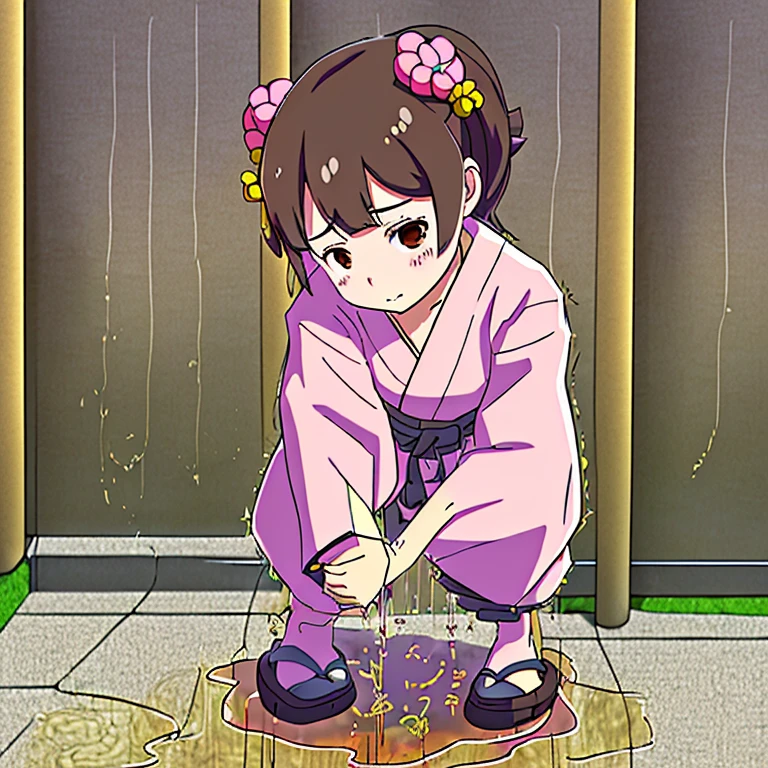 teens girl,Brown hair,Wearing hair ornaments,She is wearing a knee-length pink yukata.,Building shadow,crouching down,Omorashi,Pee,Futomo,natta,A small puddle at your feet,Wearing clogs,祭りのnatta,Emphasis on embarrassment,hiquality,Tachishoben,grassy,