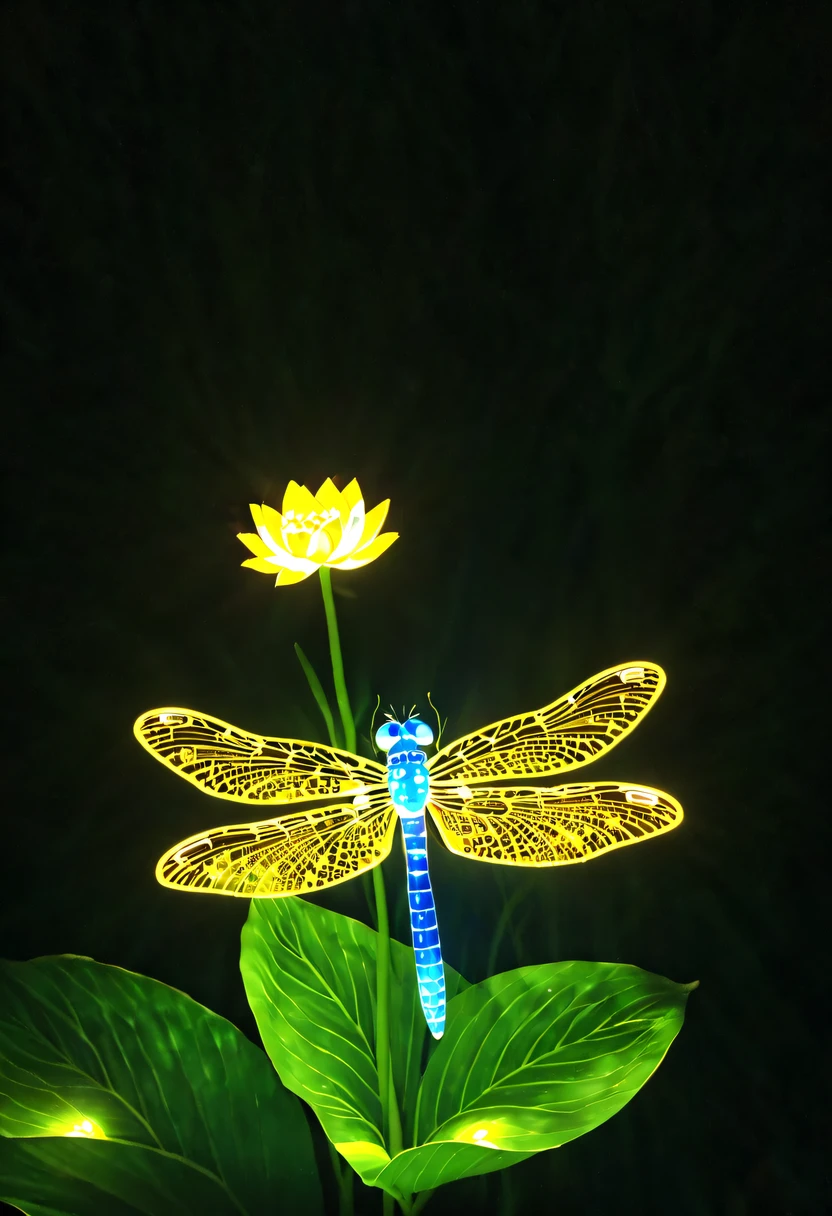 (glowing dragonfly:1.5)，nighttime scene，lotus tip