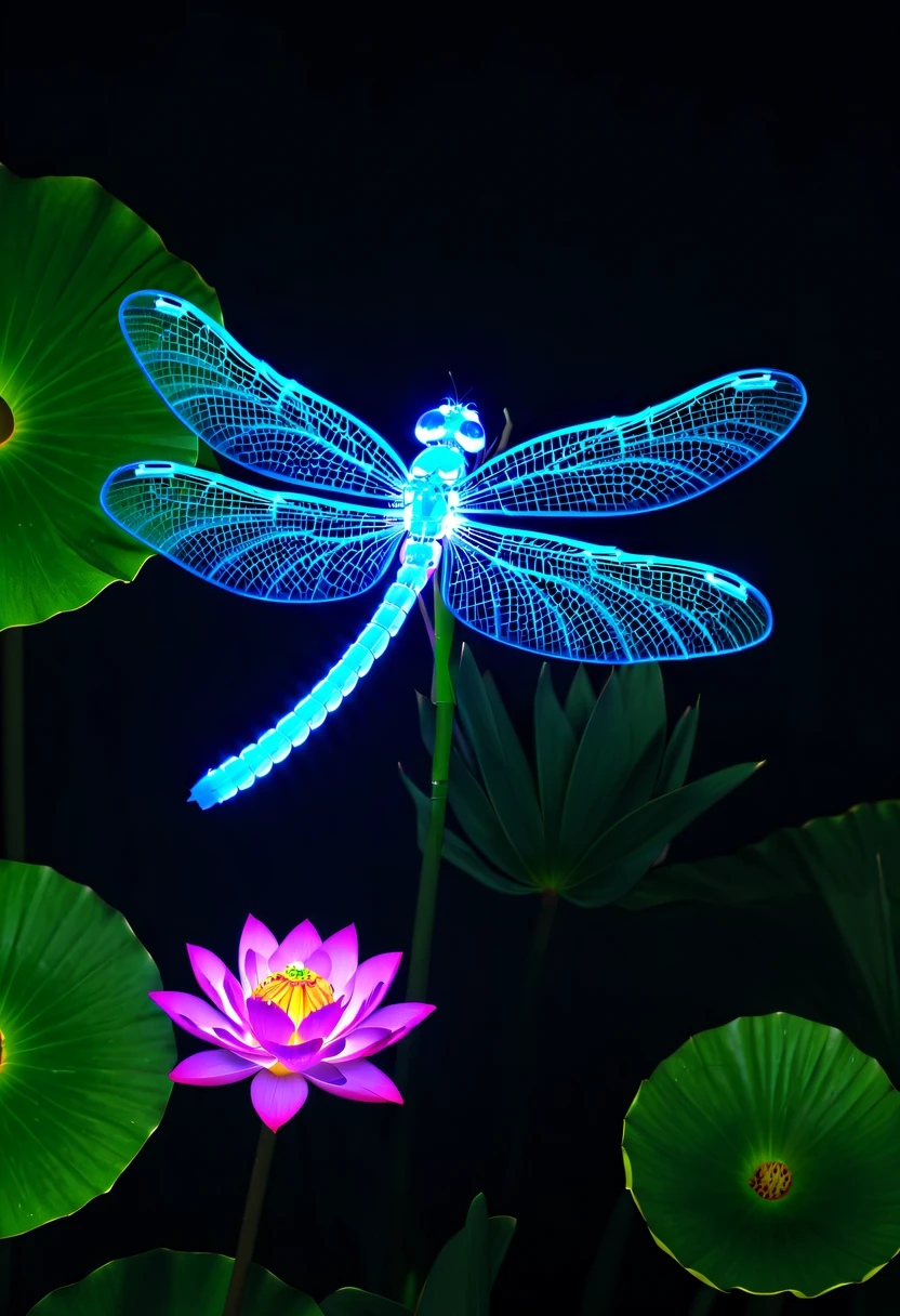 (glowing dragonfly:1.5)，natta，lotus flower