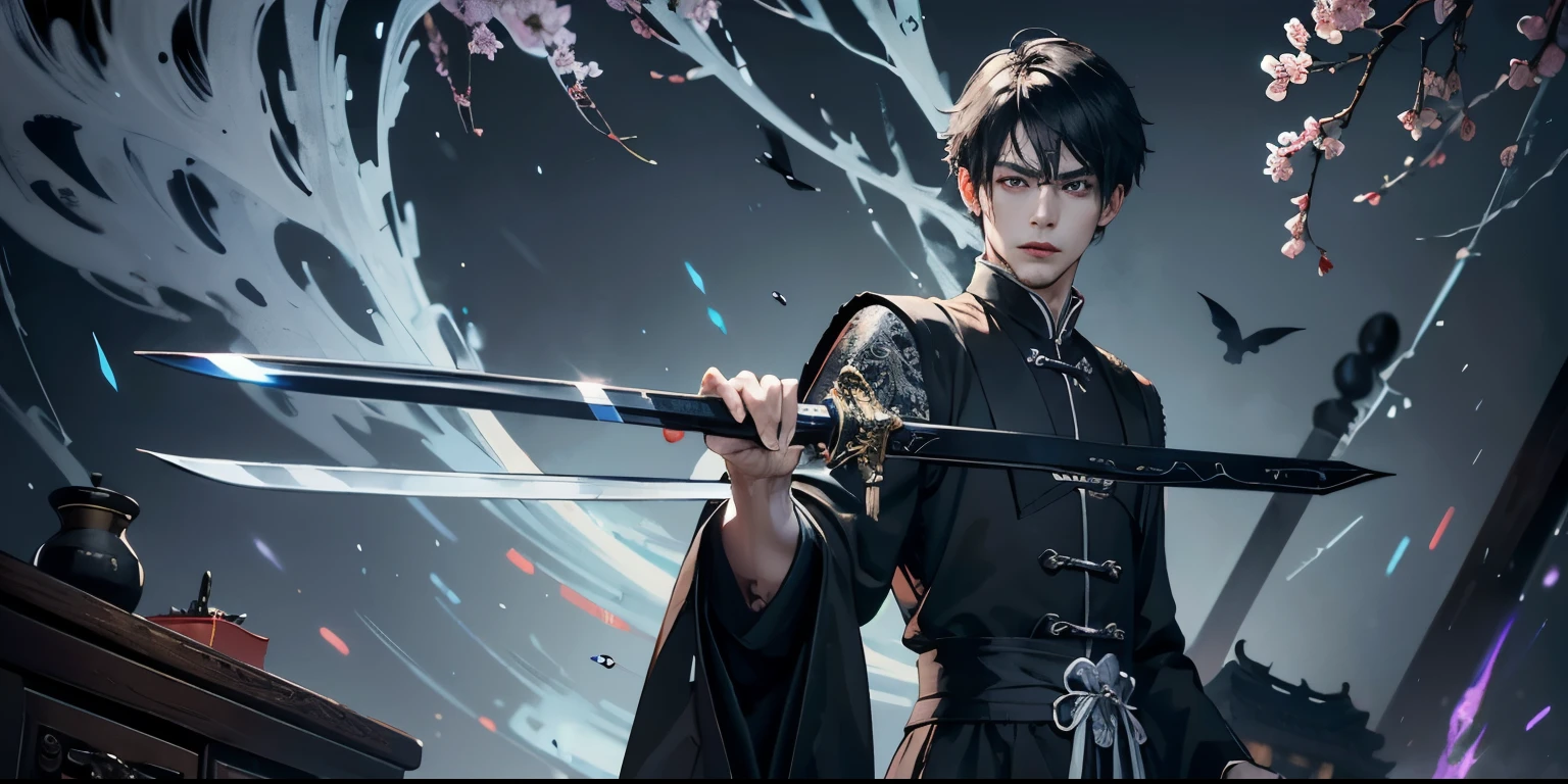 male people,The male,Handsome,Delicate appearance,帅气mtobust,8k,A high resolution,tmasterpiece,HighestQuali,level illustration,mtu,1mtu,judge,judge,solemn,Angry eyes,serious,庄serious穆,looking at viewert,Brocade Yiwei,robe,Wide sleevelackn clothes,Short black and white hair,Short black and white hair,Black pupils,sabre,long sword,Full-body art,close-up all over the body,China-style,Chinese background,eventide,desk desk
