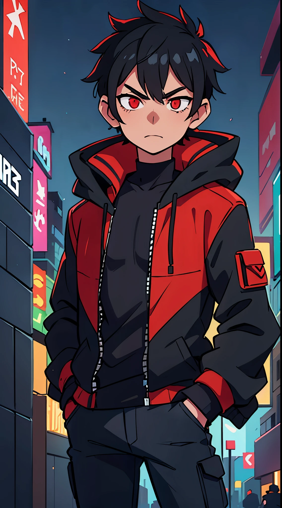 1 male black haired, electronic cyber mask, one eye covered , black jacket, red eyes, night time, in cyberpunk city, hands in pockets