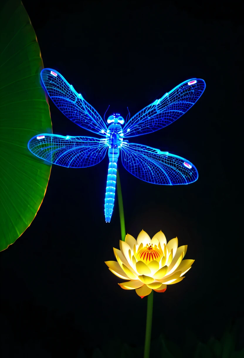 (glowing dragonfly:1.5)，natta，lotus flower