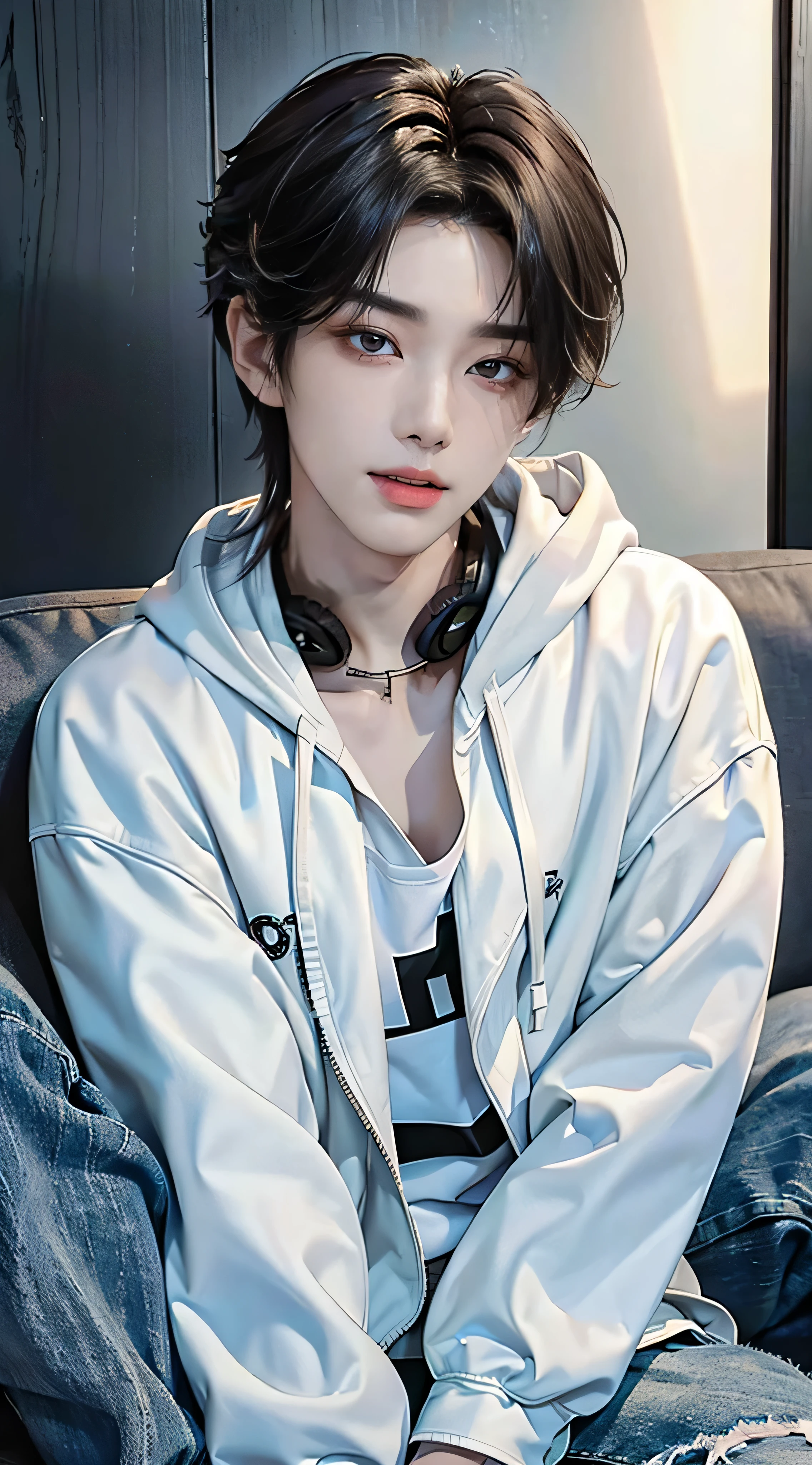 ((4K works))、masterpiece、(top-quality)、((high-level image quality))、((One Manly Boy))、Slim body、((Casual style with white hoodie and chic black denim jacket))、((Men's Fashion))、((He holds an iPhone in his hand))、(Detailed beautiful eyes)、In a fashionable city、Sitting on the curb and listening to music、Face similar to Chaewon in Ruseraphim、((short hair above the ears))、((Smaller face))、((Neutral face))、((Light brown eyes))、((Korean boy))、((18year old))、((Handsome man))、((Sexy expression of smiling while sticking out tongue and licking lips))、((Korean Makeup))、((elongated and sharp eyes))、((photo of a model))、((Like a celebrity))、Professional Photos、((Shot alone))、((Sitting on the curb and listening to music through headphones))、((He sits in front of the viewer))、((Shot diagonally up from the front))、((Upper body photography))