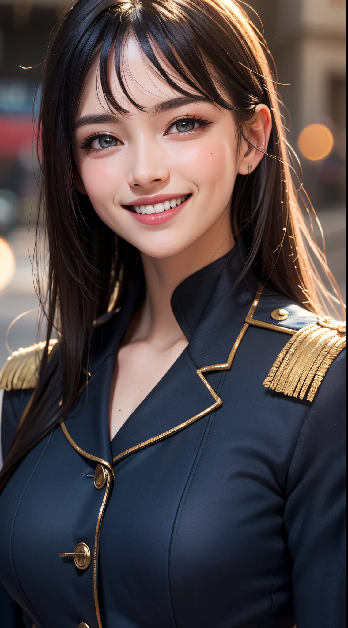 (UHD, retina, masterpiece, ccurate, anatomically correct, textured skin, super detail, high details, high quality, best quality, highres, 1080P, HD, 4K, 8k, 16k), (beautiful detailed eyes, beautiful detailed lips, extremely detailed eyes and face), studio lighting, physically-based rendering, vivid colors, (large breasts, glamorous body), (navy uniform:1.2), (portrait, shiny hair, shiny skin, blush), (bokeh), eye reflection, jet black hair, (smile and laugh:1.5),