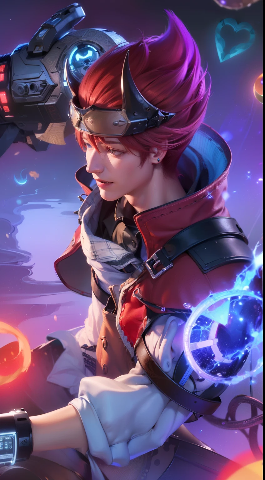 masculine male, masterpiece, ((perfect eyeest quality, (semirealism:1.9), beautiful lighting, (extremely detailed CG unity 4k fhd wallpaper), High Detail, Sharp focus, dramatic outdoors, 1 boy ,19 years old, red hair, light purpel eyes, smile.