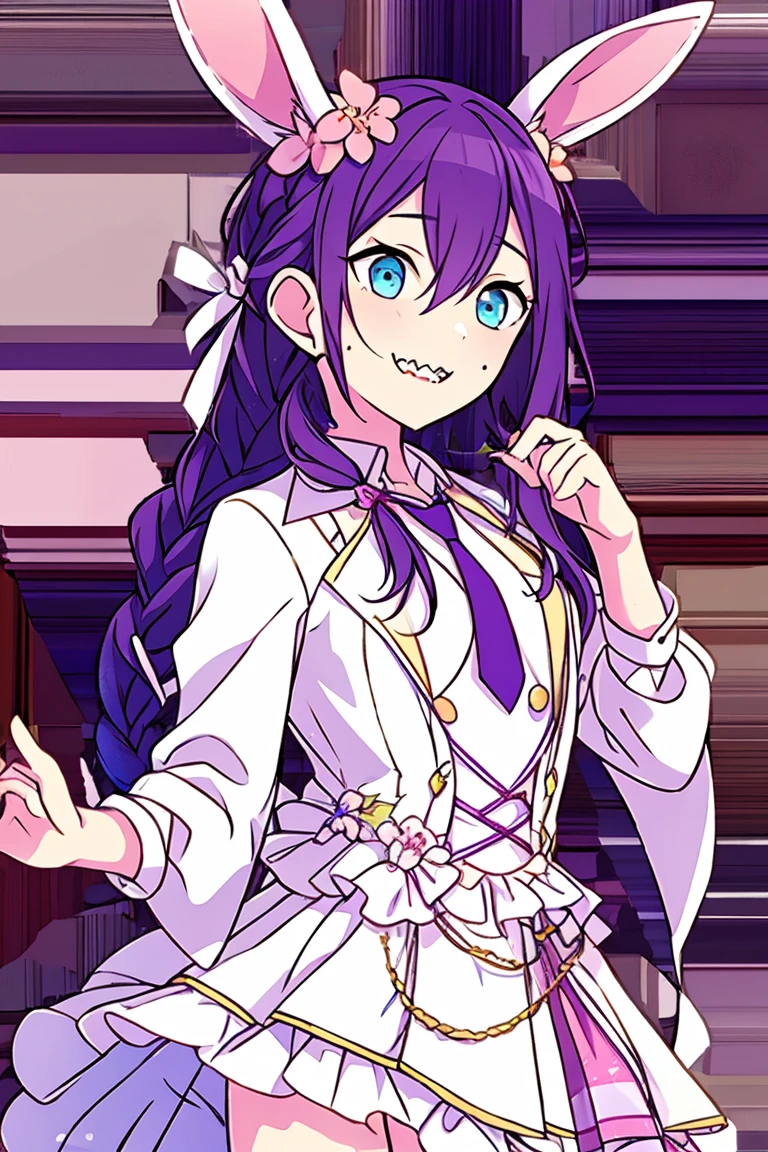 long hair, mole under mouth, purple hair, single braid, hair between eyes, aqua eyes, sharp teeth, ahoge, blush, smile, cowboy shot, white shirt, necktie, moon, rabbit, moon rabbit, long eyelashes, pale skin, night, reflection, cherry blossom, courtyard, masterpiece, best quality, official art, extremely detailed CG unity 8k wallpaper